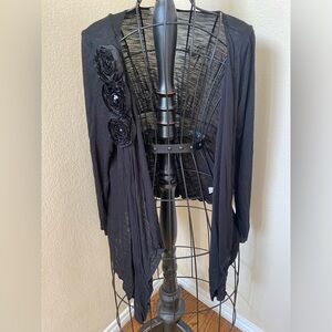Black Open Front Asymmetrical Hem Cardigan with Floral and Pearl Accents